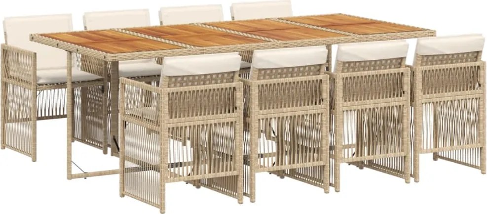 vidaXL Set de masă pentru grădină, 9 piese, cu perne, bej, poliratan