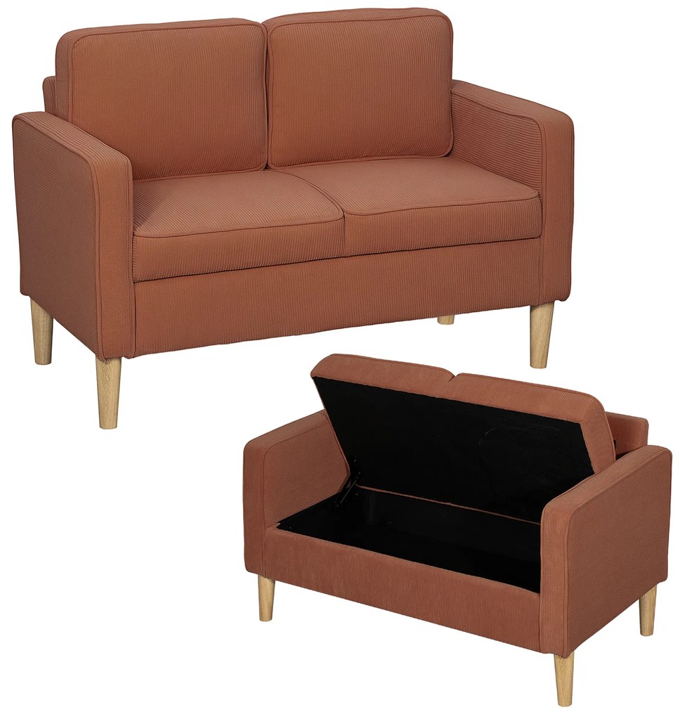 HOMCOM Canapea 2 Locuri cu Spatiu de Depozitare si Picioare Solide de Lemn, pentru Sufragerie, Dormitor, 117 x 63 x 79 cm, Portocaliu | Aosom Romania
