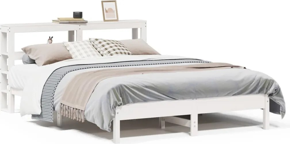 vidaXL Cadru de pat fără saltea, alb, 135x190 cm, lemn masiv de pin