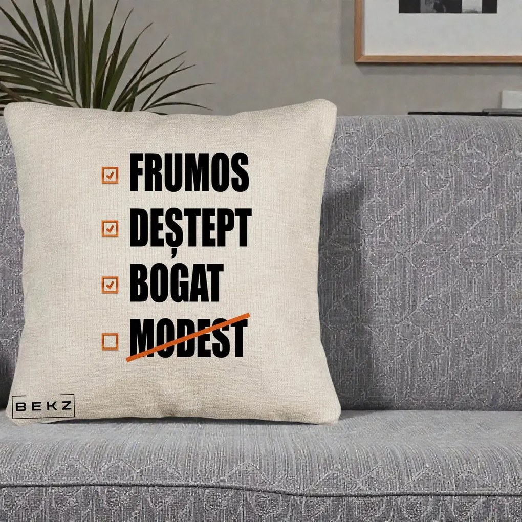 Perna Decorativa Frumos Destept Bogat, 40x40 cm, Bej Canapea, Husa Detasabila, Perna Inclusa, BEKZ®