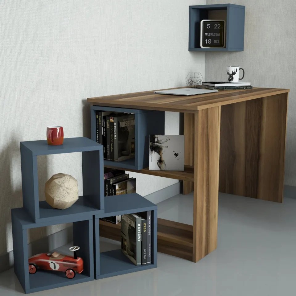 Set Birou de Studiu si Raft, PAL Melaminat, Box, Nuc / Albastru Petrol