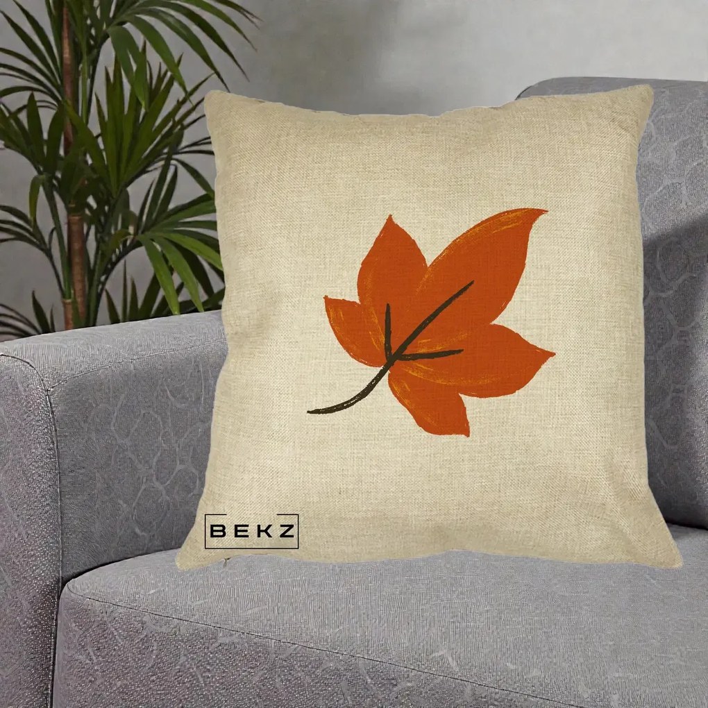 Perna Decorativa Frunza de Toamna Portocalie, 40x40 cm, Crem, Husa Detasabila, Perna Inclusa, BEKZ®