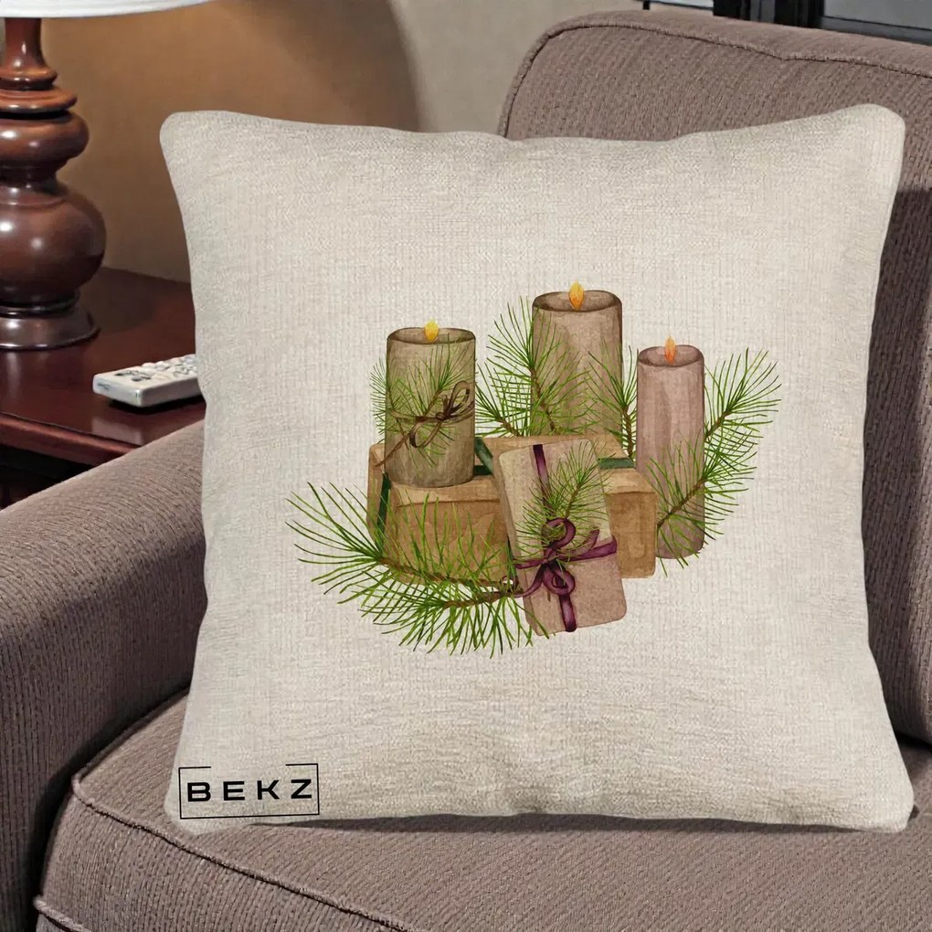 Perna Decorativa Lumanari cu Cadouri Naturale, 40x40 cm, Bej Canapea, Husa Detasabila, Perna Inclusa, BEKZ®