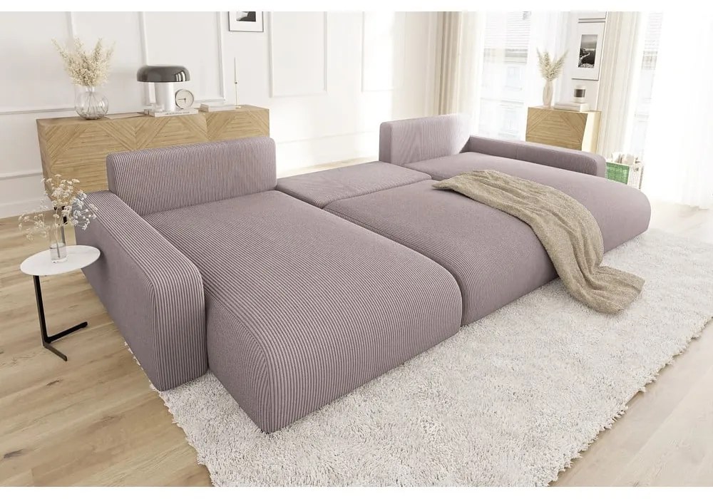 Colțar roz deschis extensibil, cu spațiu de depozitare, cu tapițerie din catifea reiată Sara – Ropez