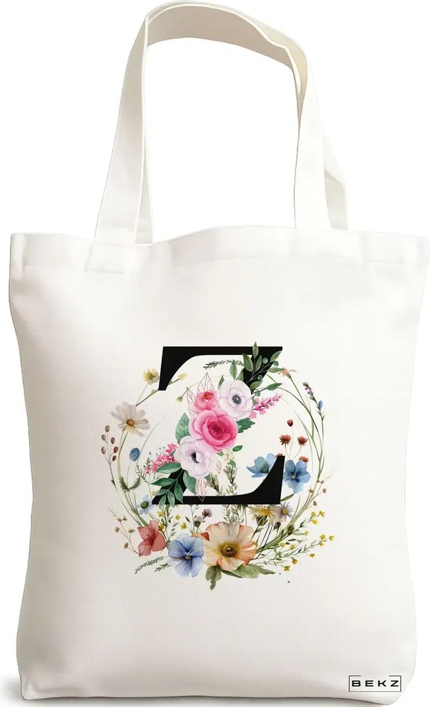 Sacosa de Panza pentru Cumparaturi, Geanta Tote, Cu litera Z in Coronita Florala, 38x34.5 cm, Alba, BEKZ®