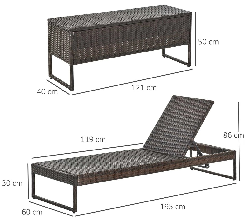 Set Mobilier Gradina Outsunny, PE Ratan 2 Sezlong cu Masa, 60x195x86cm Maro | Aosom Romania