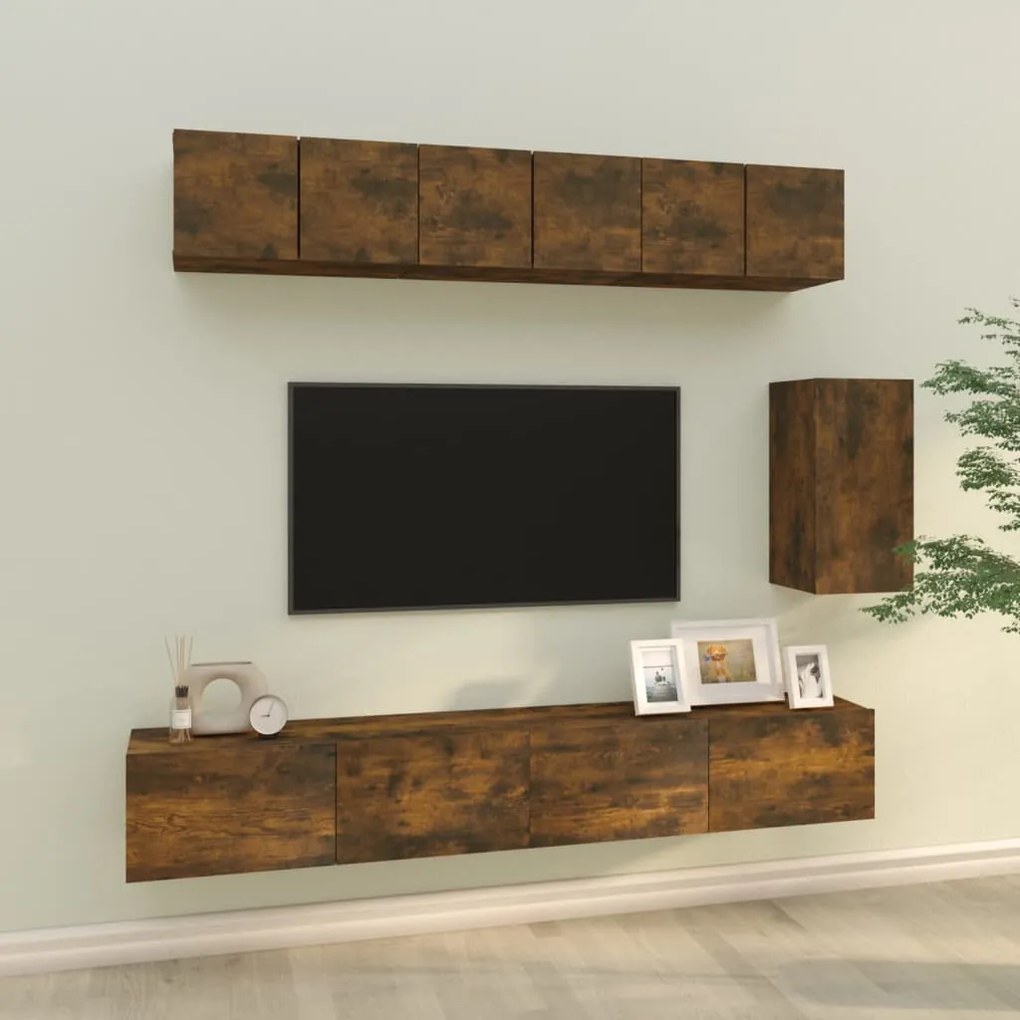 3114619 vidaXL Set dulapuri TV, 6 piese, stejar fumuriu, lemn prelucrat