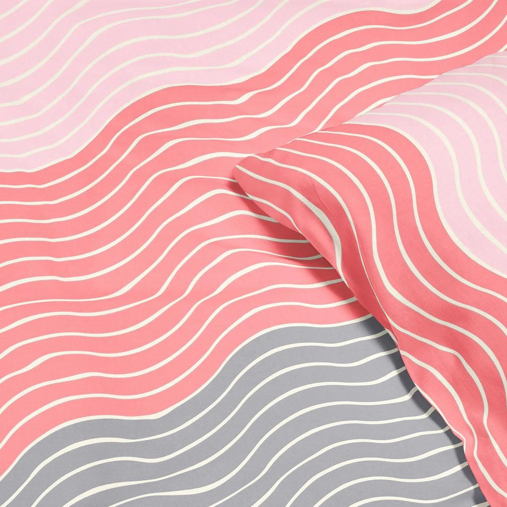 Goldea lenjerie de pat din bumbac satinat deluxe - valuri roz și gri 140 x 200 și 50 x 70 cm