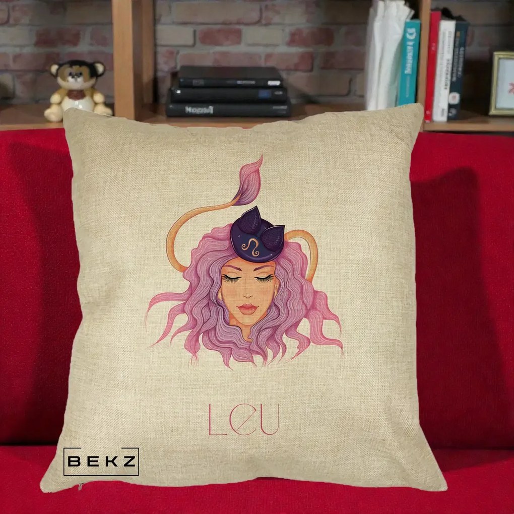 Perna Personalizata Zodie Leu, 40x40 cm, Crem, Husa Detasabila, Perna Inclusa, BEKZ®