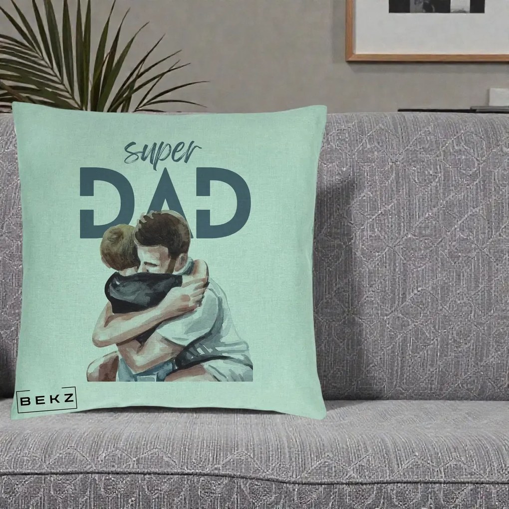 Cadou pentru Tata - Perna Personalizata Super Dad Tata si Fiu Imbratisare, 40x40 cm, Verde Menta, Husa Detasabila, Perna Inclusa, BEKZ®