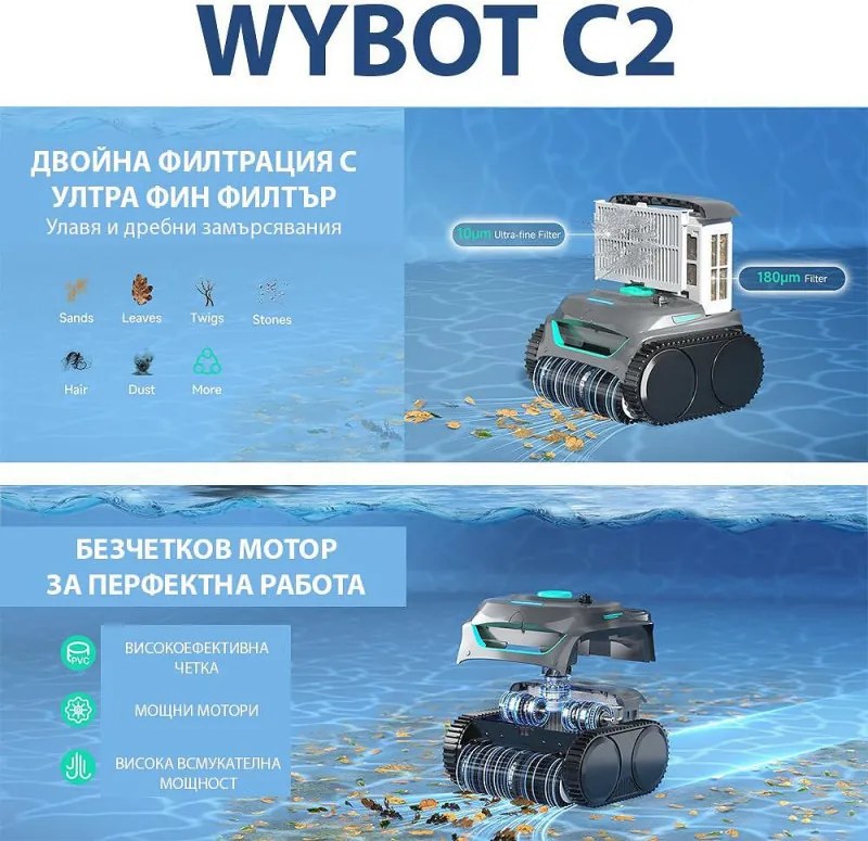 Robot fara fir pentru piscine Wybot C2, 65 W, 180 min, 200 m², Filtrare dubla, Functii autonome, Negru