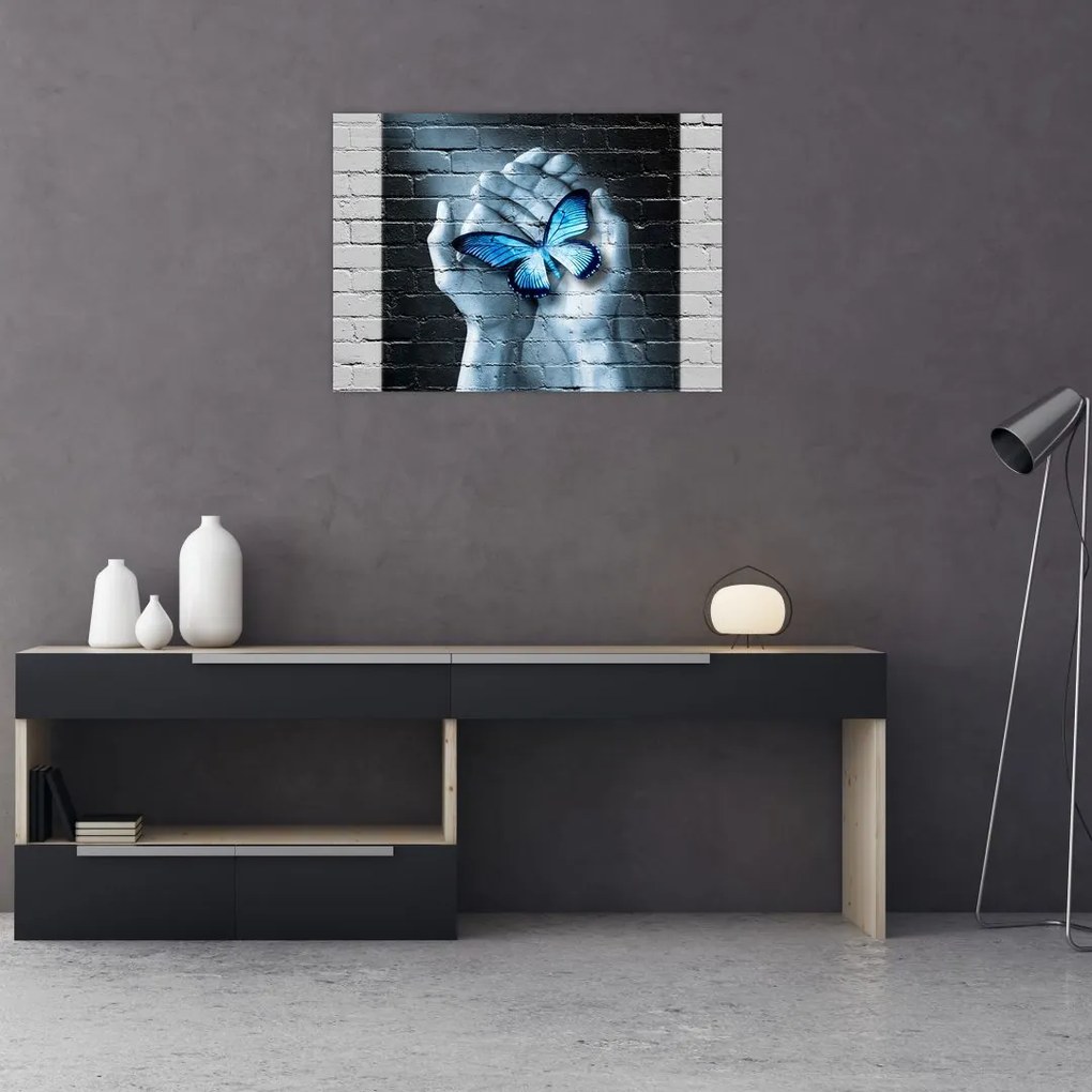 Tablou pe sticlă cu flutere albastru pe perete (70x50 cm)