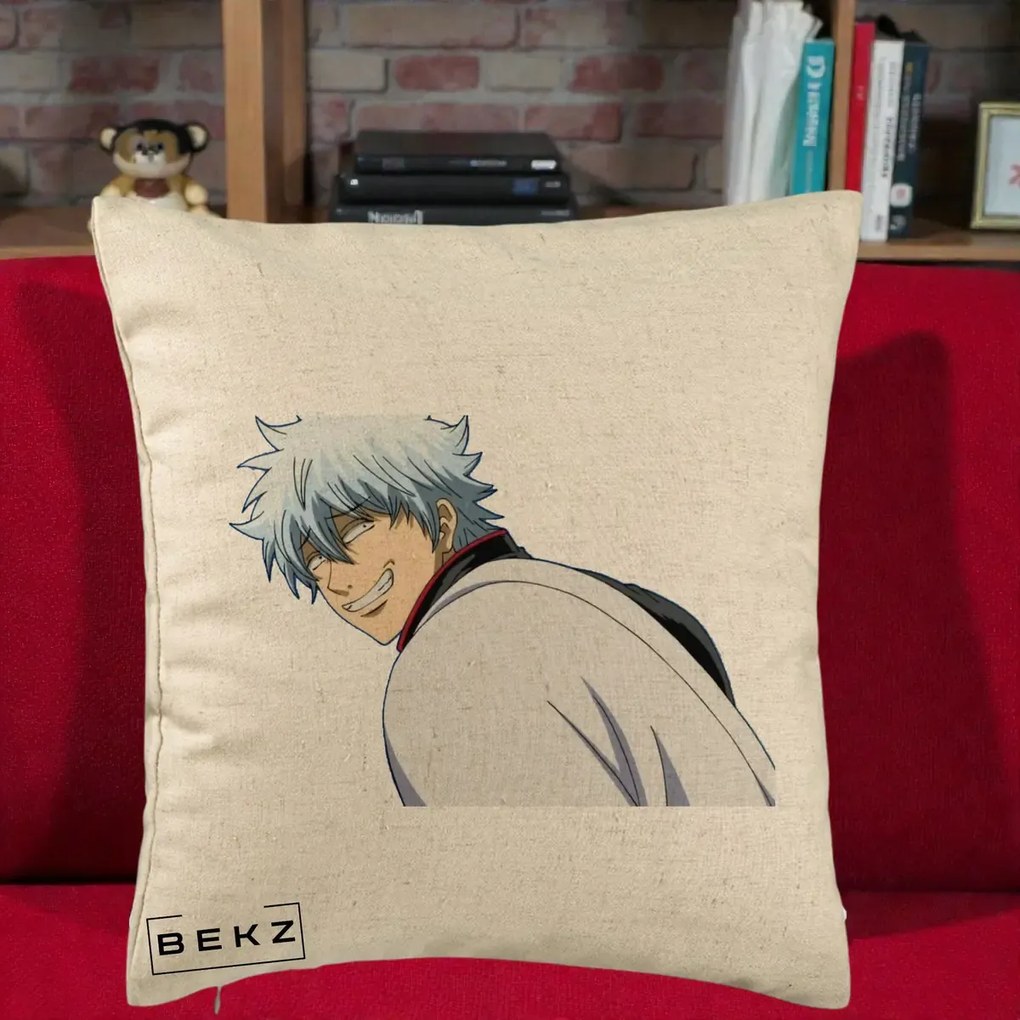 Perna Personalizata Gintama Gintoki Portret cu Zambet, 40x40 cm, Bej, Husa Detasabila, Perna Inclusa, BEKZ®