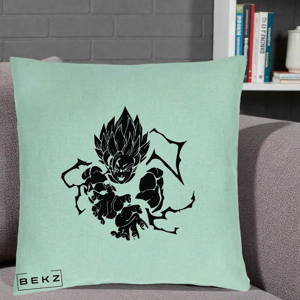Perna Personalizata Dragon Ball Goku Super Saiyan Silueta, 40x40 cm, Verde Menta, Husa Detasabila, Perna Inclusa, BEKZ®