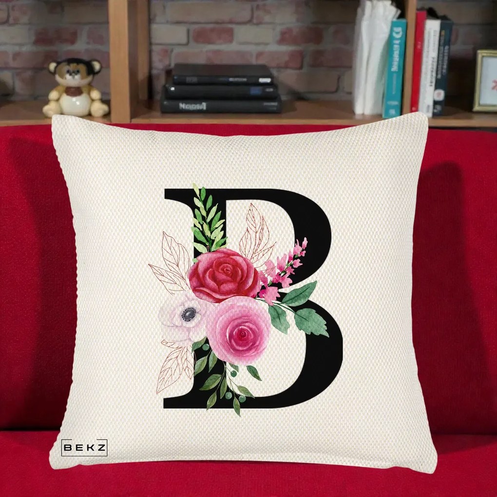 Cadou Personalizat - Perna Personalizata Monograma Florala Litera B, 40x40 cm, Crem Reliefat, Husa Detasabila, Perna Inclusa, BEKZ®