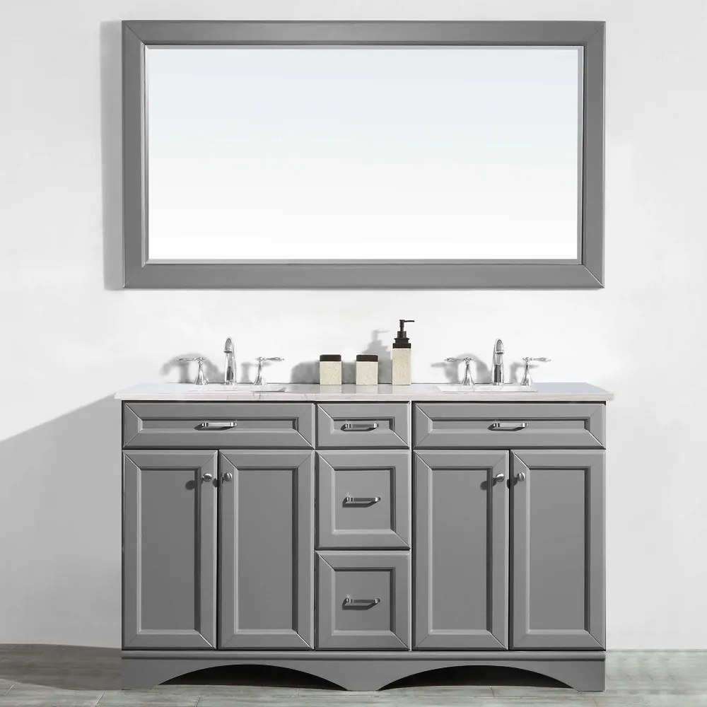 Set mobilier baie, dulap lemn 3 sertare cu dublu lavoar, blat quartz + oglinda rama lemn, Egora 152.4x55.8x86 cm, gri