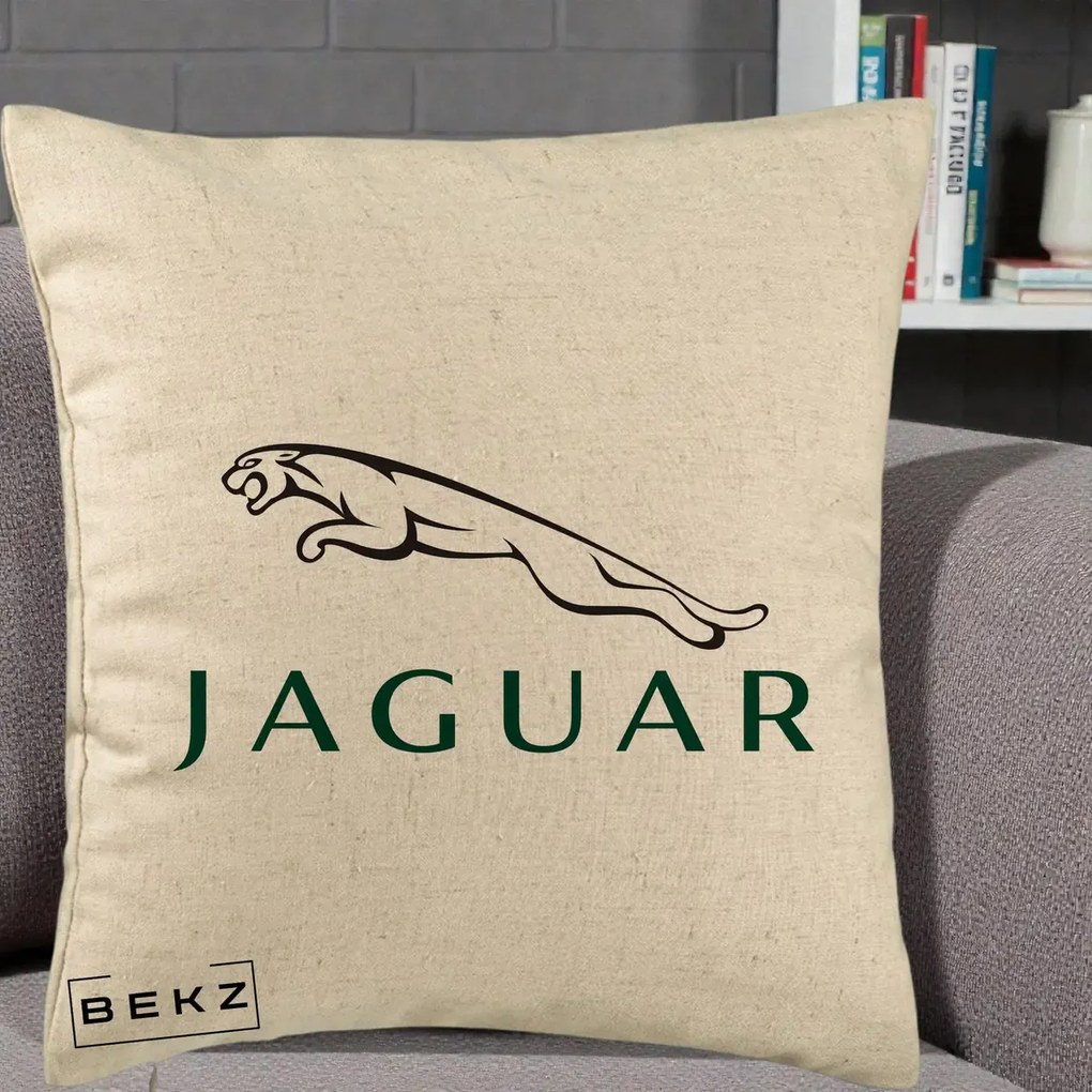 Perna Personalizata cu emblema Jaguar, 40x40 cm, Bej, Husa Detasabila, Perna Inclusa, BEKZ®