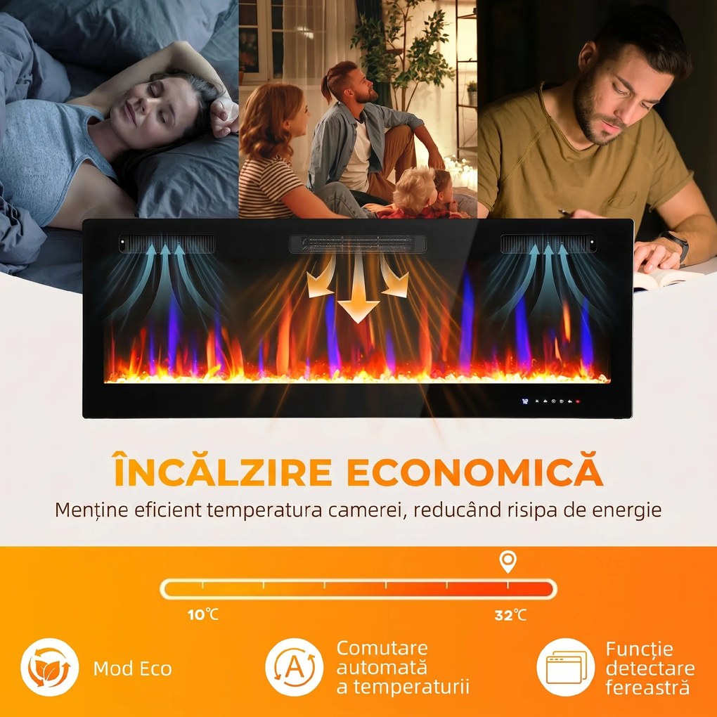 HOMCOM Șemineu Electric de Perete și Încorporabil 3 în 1 cu Design Ultra-Subțire de 9,4 cm, 12 Culori de Flacără 3D și Cristale, 900/1800W, cu Telecomandă, Touchscreen, Timer și Termostat | Aosom Romania