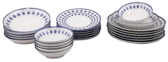 Set de veselă 24 piese, alb/albastru, porțelan
