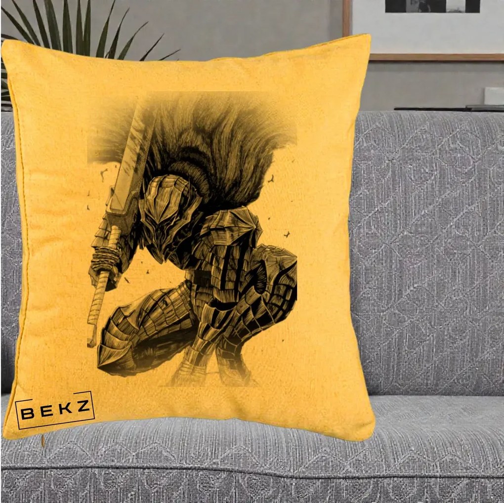 Perna Personalizata Berserk Guts Armor of Darkness Manga, 40x40 cm, Galben, Husa Detasabila, Perna Inclusa, BEKZ®