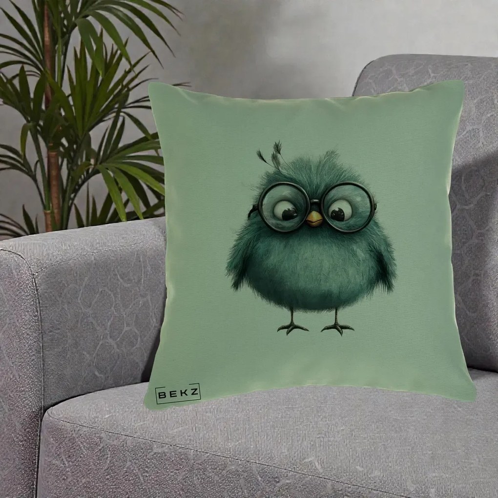 Perna Decorativa Pui Teal cu Ochelari Rotunzi, 40x40 cm, Verde, Husa Detasabila, Perna Inclusa, BEKZ®