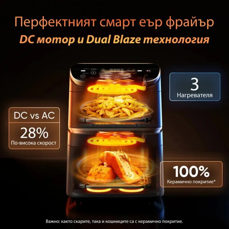 Friteuza dubla Cosori Turbo Tower Pro CAF-DC123S, 2630W, 10.8 L, 30-230°C, 7 programe, Sync, Smart, Negru