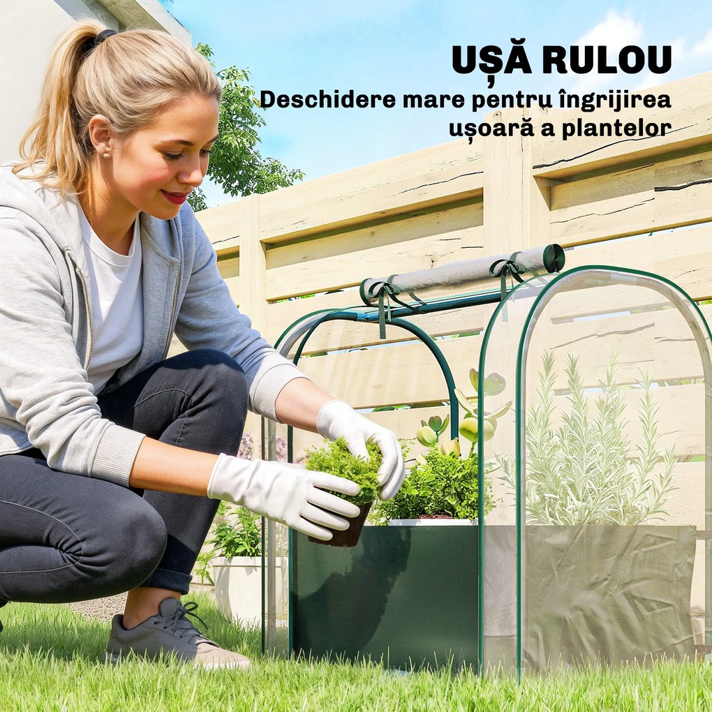 Outsunny Mini Seră de Grădină cu Sac de Plantare, Seră pentru Grădină cu Ușă Rulabilă, Structură din Oțel, Acoperire din Plastic, pentru Legume, Flori, Plante, Verde Închis | Aosom Romania