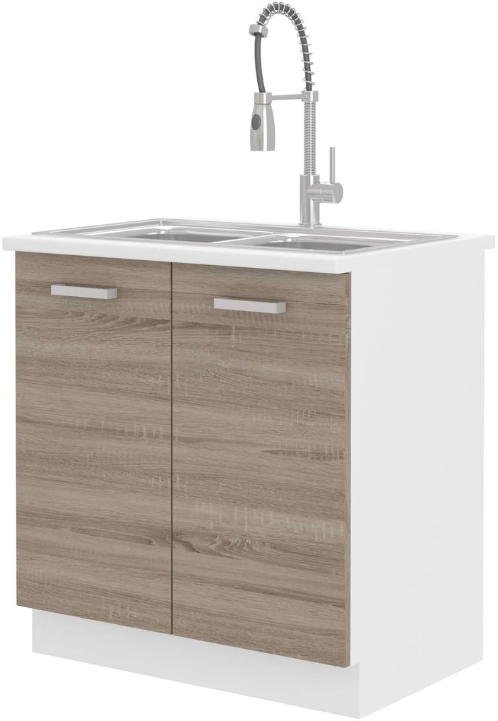 Dulap inferior de bucătărie sub chiuvetă Domton 80 ZL 2F ZB (Alb + Stejar sonoma truflă). 1033020