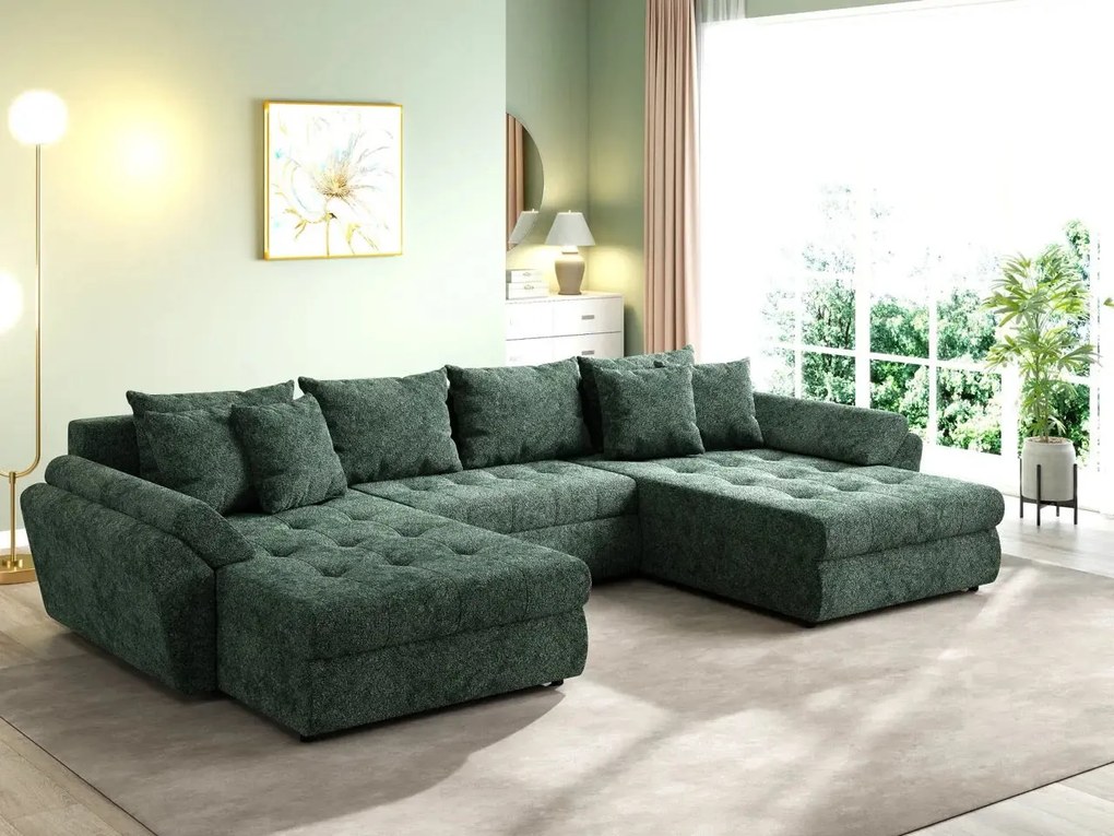 Colțar extensibil dumonde cu ladă de depozitare si sezut confortabil din spuma high-density, Loana U Euphoria Green 355x185 cm