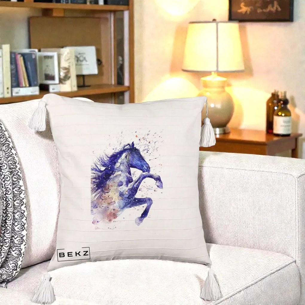 Perna Decorativa Cal Albastru Acuarela, 40x40 cm, Bej cu Franjuri, Husa Detasabila, Perna Inclusa, BEKZ®