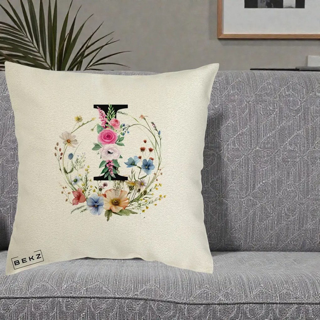 Cadou Personalizat - Perna Personalizata Monogram Litera I cu Flori Acuarela, 40x40 cm, Ecru, Husa Detasabila, Perna Inclusa, BEKZ®