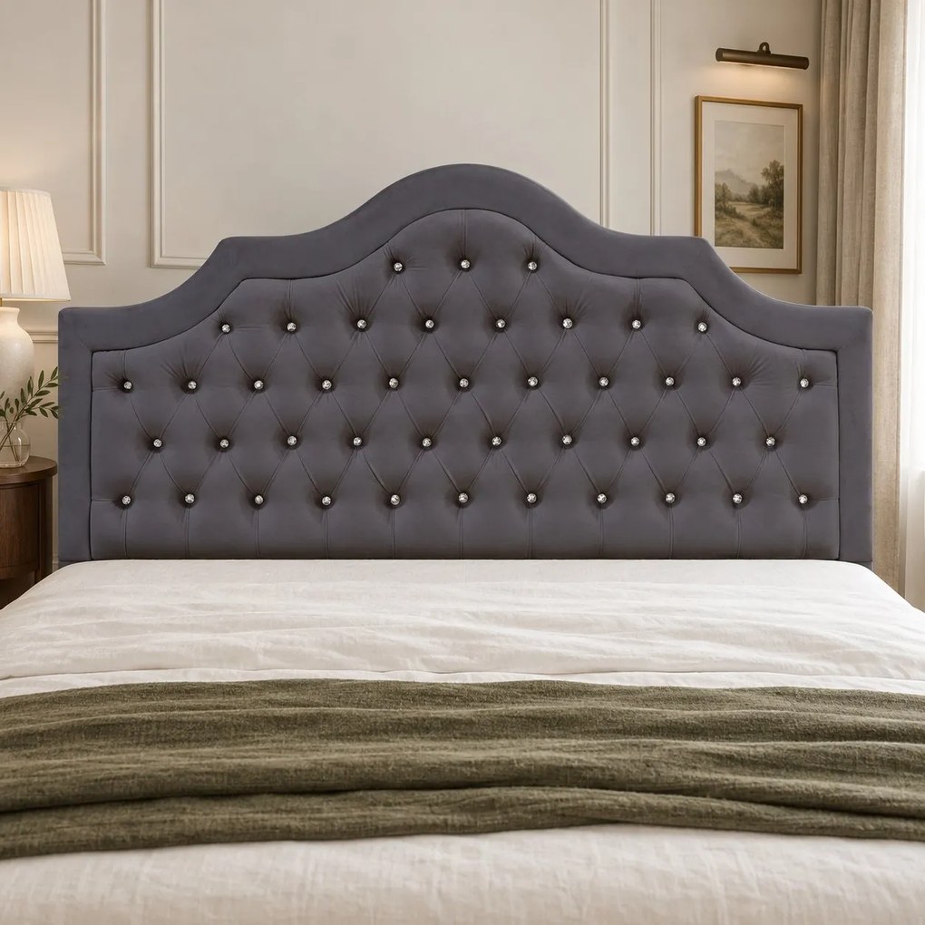 Pat tapițat Chesterfield din catifea Imperio Deluxe 180×200 cm, gri închis, cu ladă de depozitare