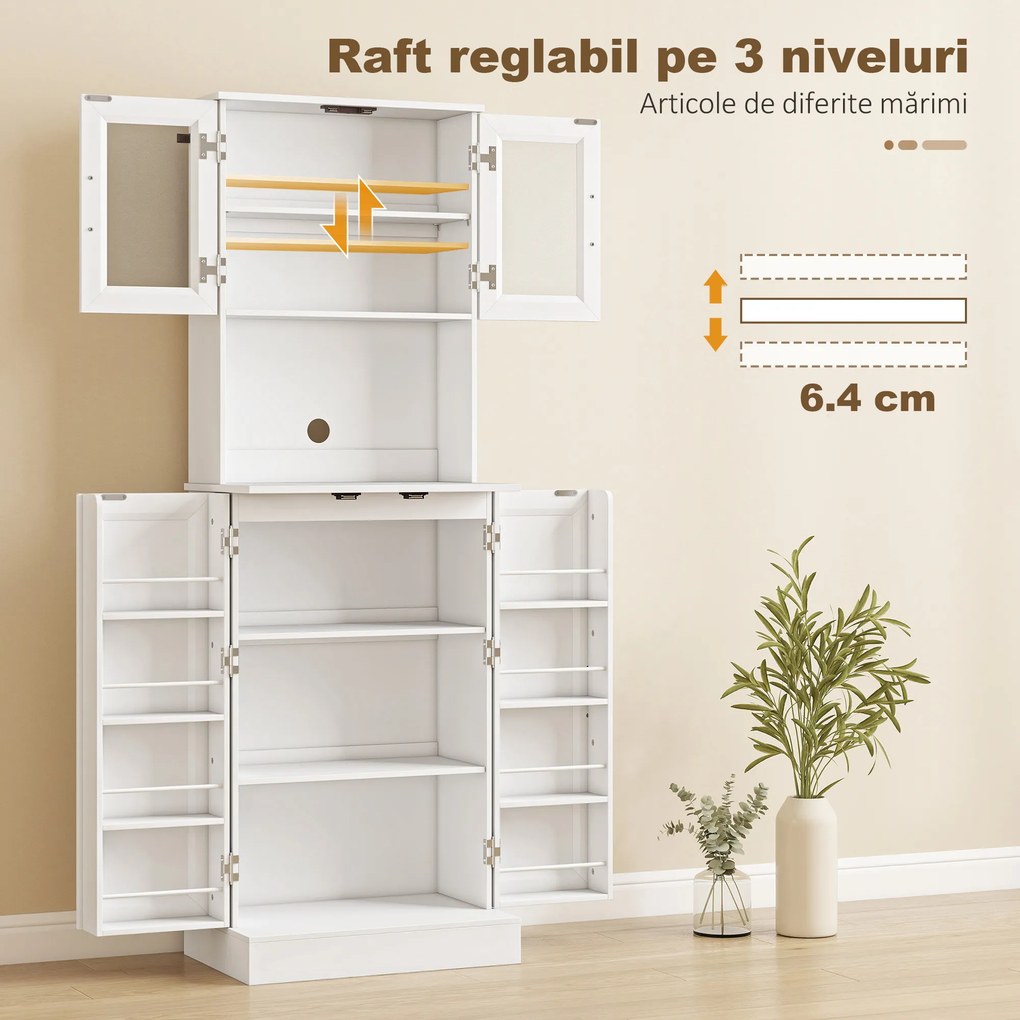 HOMCOM Bufet înalt de bucătărie 180 cm, 8 rafturi pentru condimente pe uși, uși din acril, raft reglabil, orificiu pentru cabluri, alb | Aosom Romania