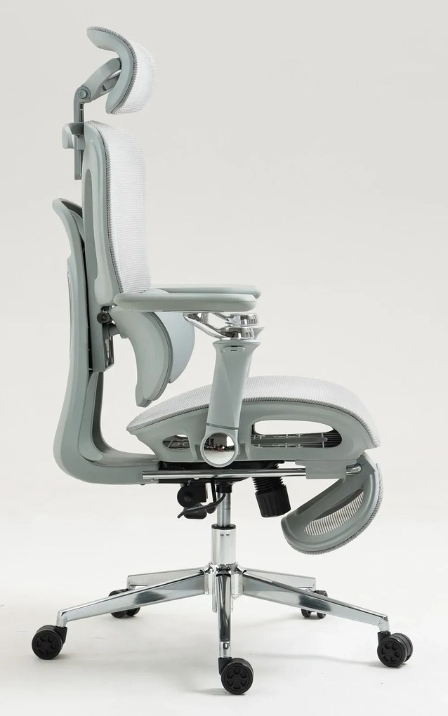 RESIGILAT- METACHAIR DORO Scaun ergonomic, cotiere 6D, suport lombar dinamic, spătar reglabil înălțime, tetieră 2D, suport picioare, mecanism multifunctional inclinare/blocare, pivotant, Mesh, Gri