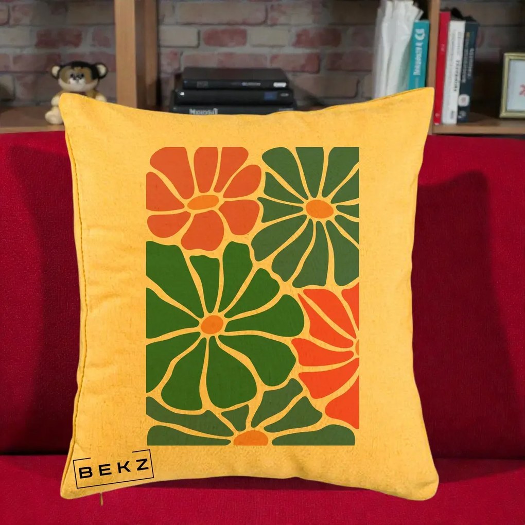 Perna Decorativa Flori Grafice Verde-Roz-Albastru, 40x40 cm, Galben, Husa Detasabila, Perna Inclusa, BEKZ®