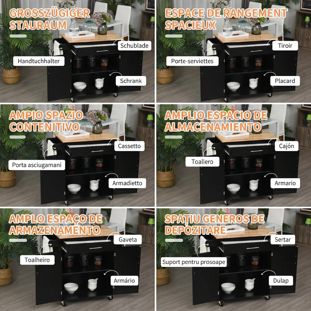 HOMCOM Cărucior de Bucătărie cu Sertar și Dulap cu 2 Uși, Insulă de Bucătărie cu roți și bară laterală, 83x45x91.5 cm, Negru | Aosom Romania