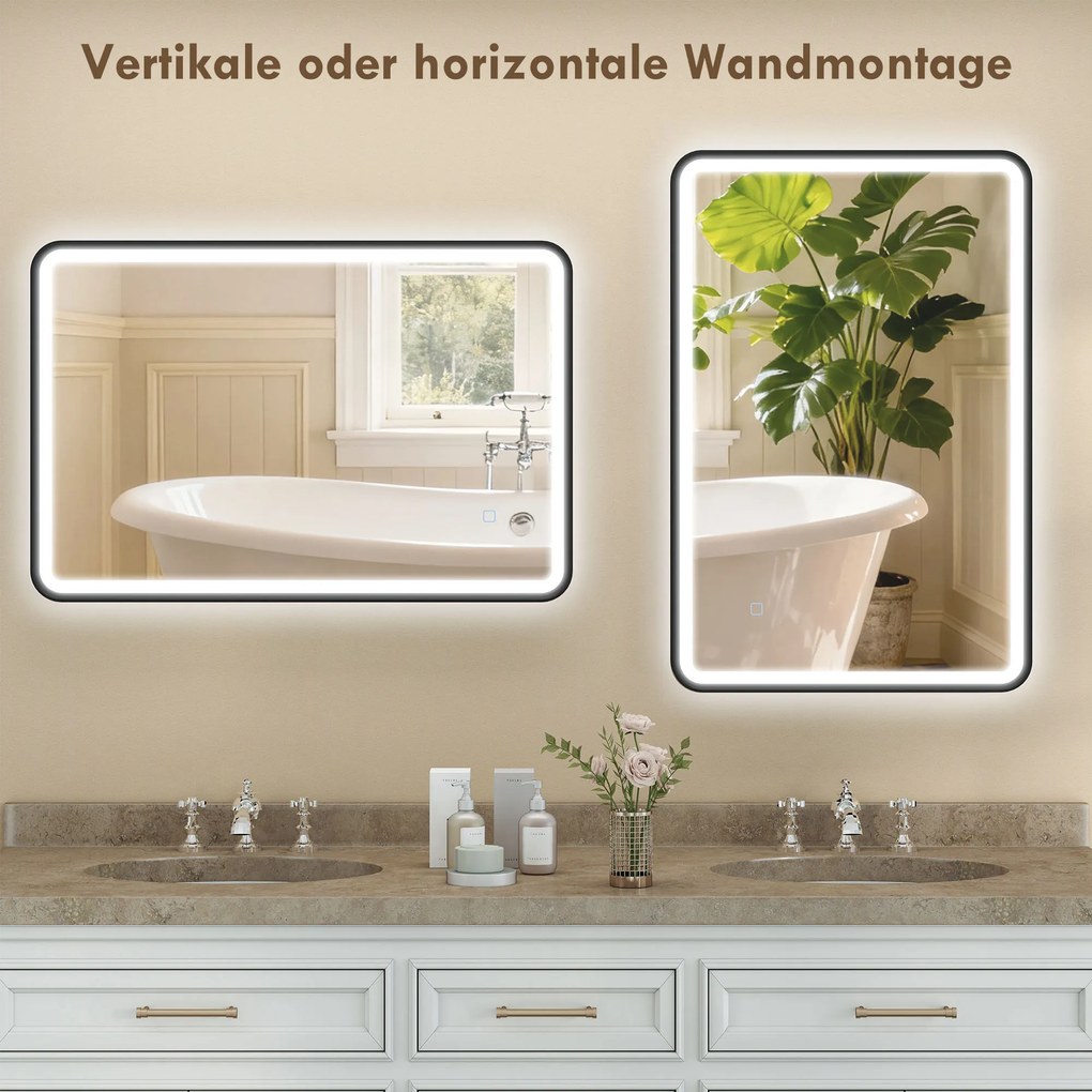 HOMCOM Oglindă de baie LED 90 x 60 cm, lumini, 3 culori, reglabilă, funcție memorie, orizontală și verticală, negru | Aosom Romania