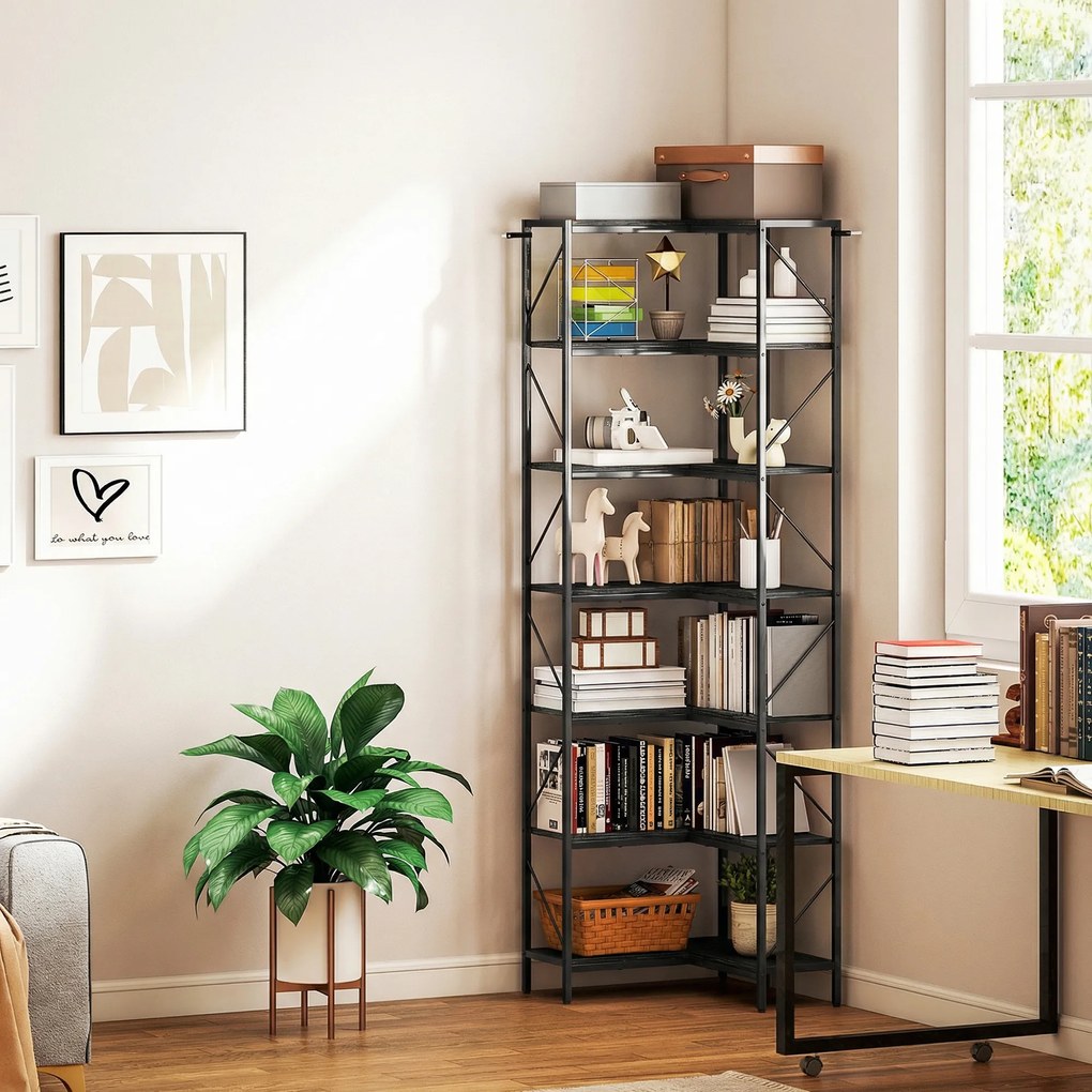HOMCOM Bibliotecă Colțar cu 7 Rafturi, Stil Industrial, Efect Lemn Negru | Aosom Romania
