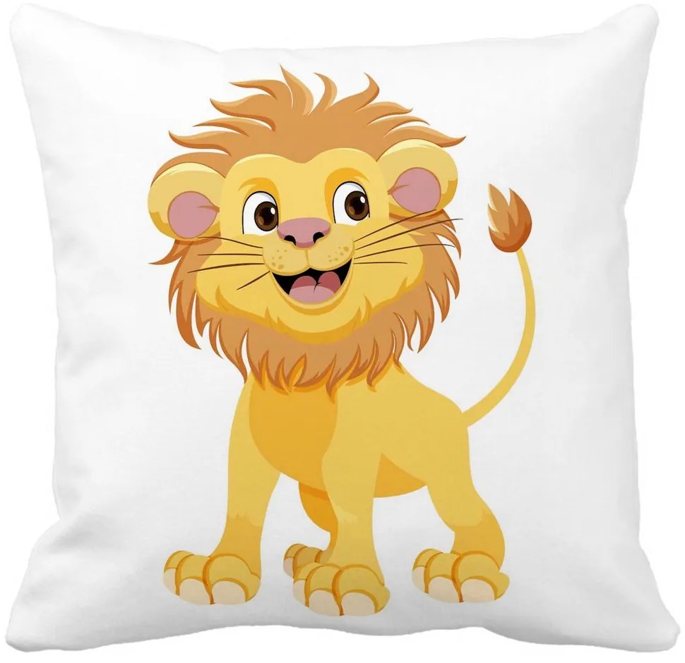 Perna Decorativa Patrata copii Little Lion, 40x40 cm, Alba, Mata, Husa Detasabila, Burduf