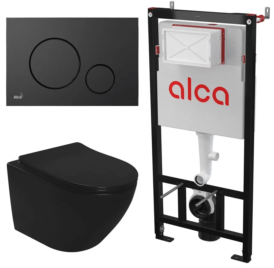 Set rezervor WC cu cadru incastrat Alca AM101/1120 si clapeta M678 negru mat plus vas WC Rea Carlo Mini cu capac softclose