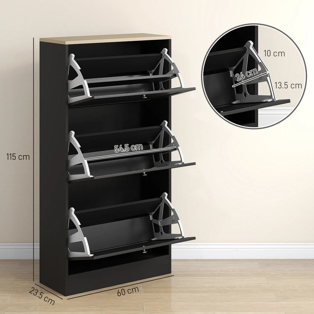 HOMCOM Dulap Îngust pentru Pantofi cu 3 Sertare și Rafturi Reglabile pe 2 Niveluri, 60x23,5x115 cm, Negru | Aosom Romania