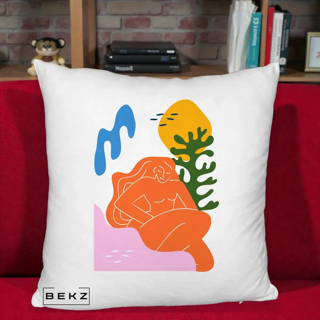 Perna Decorativa Femeie Portocalie Relaxata, 40x40 cm, Alb Pufos, Husa Detasabila, Perna Inclusa, BEKZ®