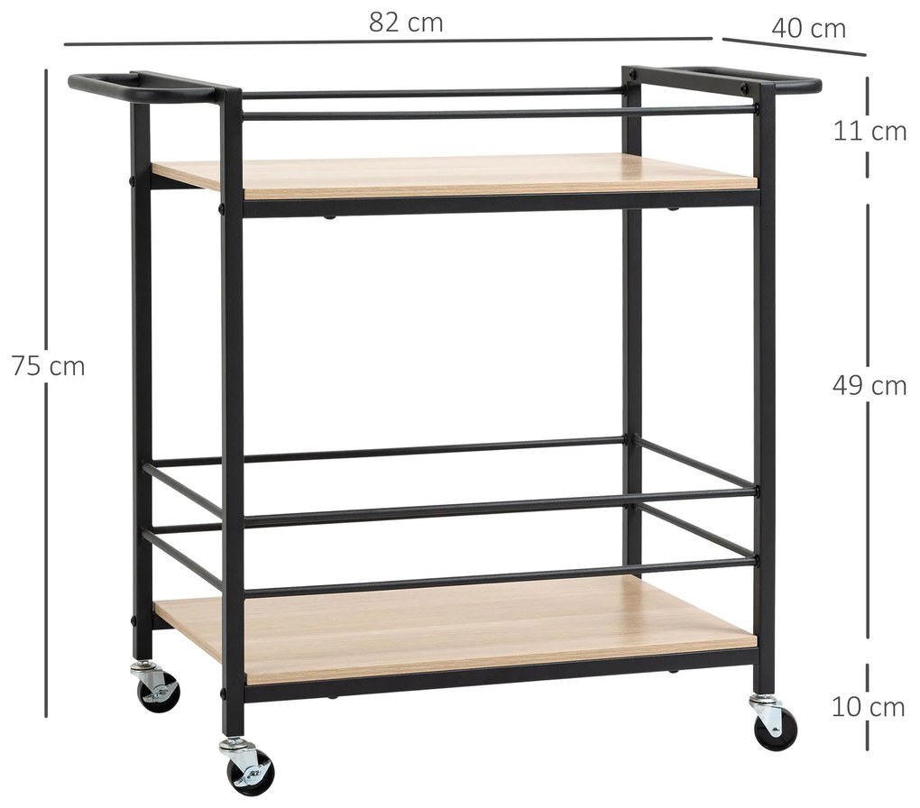 HOMCOM Carucior de servire, desserte de bucătărie cu roți, cu 2 rafturi, cadru metalic și aspect de lemn - dim. 82 x 40 x 75 cm | Aosom Romania