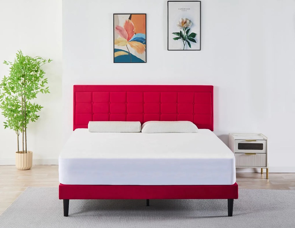Pat Malaga Complet Tapitat Catifea, Culoare Rosu, 160x200cm, Saltea Ortopedica 20cm inclusa