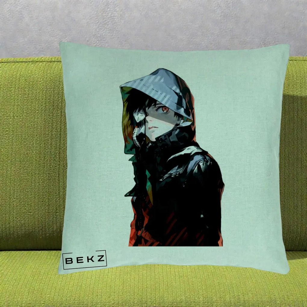 Perna Personalizata Tokyo Ghoul Ken Kaneki cu Masca si Gluga, 40x40 cm, Verde Menta, Husa Detasabila, Perna Inclusa, BEKZ®