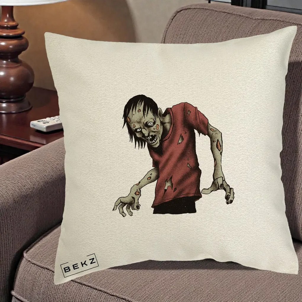 Perna Decorativa Halloween Zombie Infricosator, 40x40 cm, Ecru, Husa Detasabila, Perna Inclusa, BEKZ®