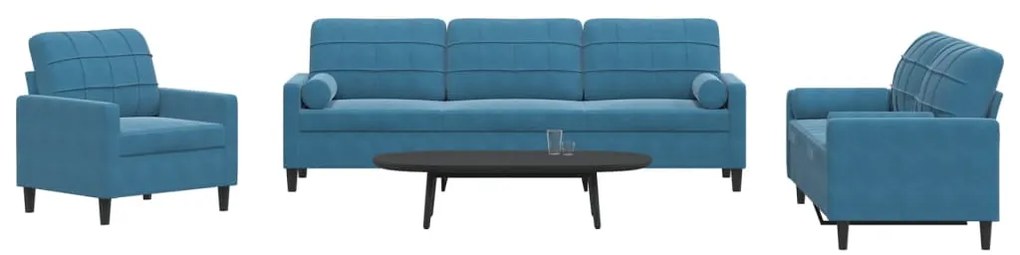 vidaXL Set de canapele cu perne/rulouri, 3 piese, albastru, catifea