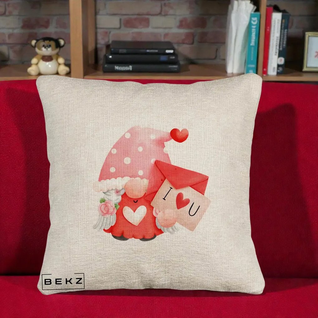 Cadou Romantic - Perna Personalizata I Love You Gnome Valentine cu Scrisoare, 40x40 cm, Bej Canapea, Husa Detasabila, Perna Inclusa, BEKZ®