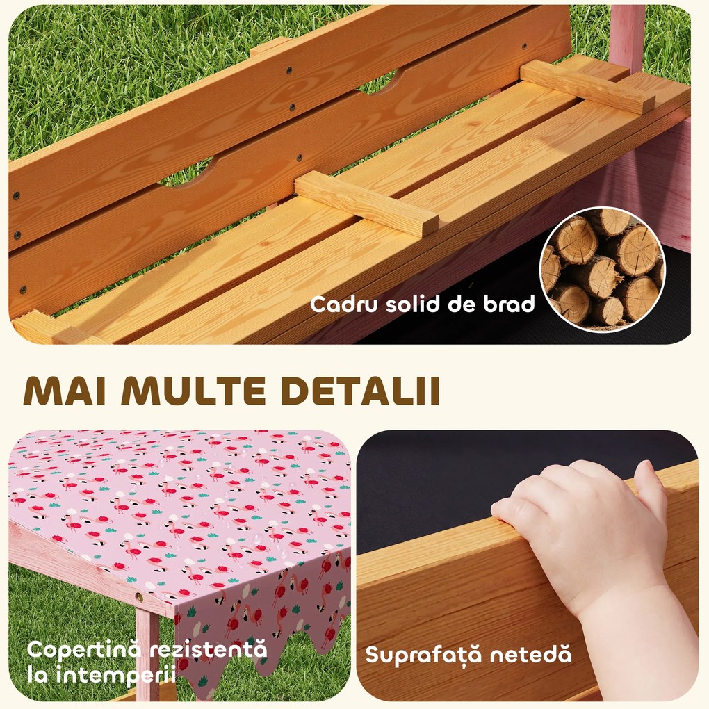AIYAPLAY Ladă de Nisip pentru Copii 3-6 Ani cu Acoperiș cu Flamingo, Scaune Pliabile, Capac și Husă Incluse, Ladă de Joacă din Lemn de Brad, 134,5x127,5x130 cm, Roz | Aosom Romania
