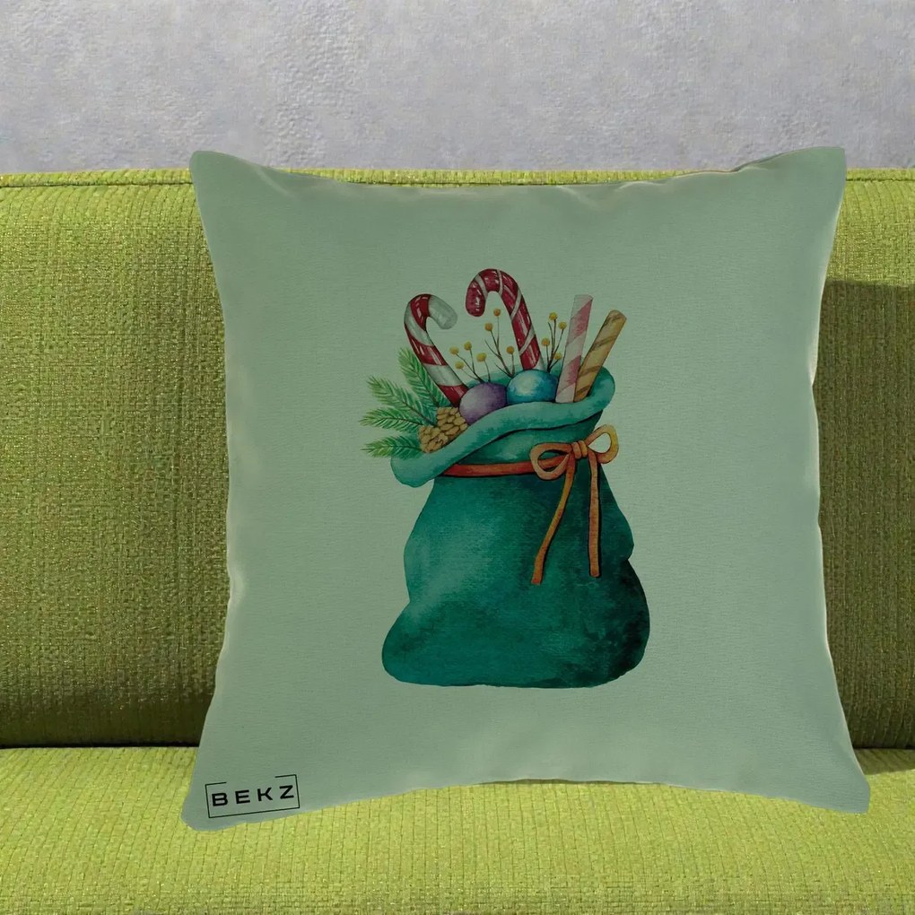 Perna Decorativa Saculet Cadouri Mos Craciun Acuarela Verde, 40x40 cm, Verde, Husa Detasabila, Perna Inclusa, BEKZ®